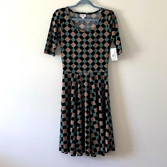 LuLaRoe NWT Black Mint Green Orange Geometric Print Dress Small - Picture 1 of 11